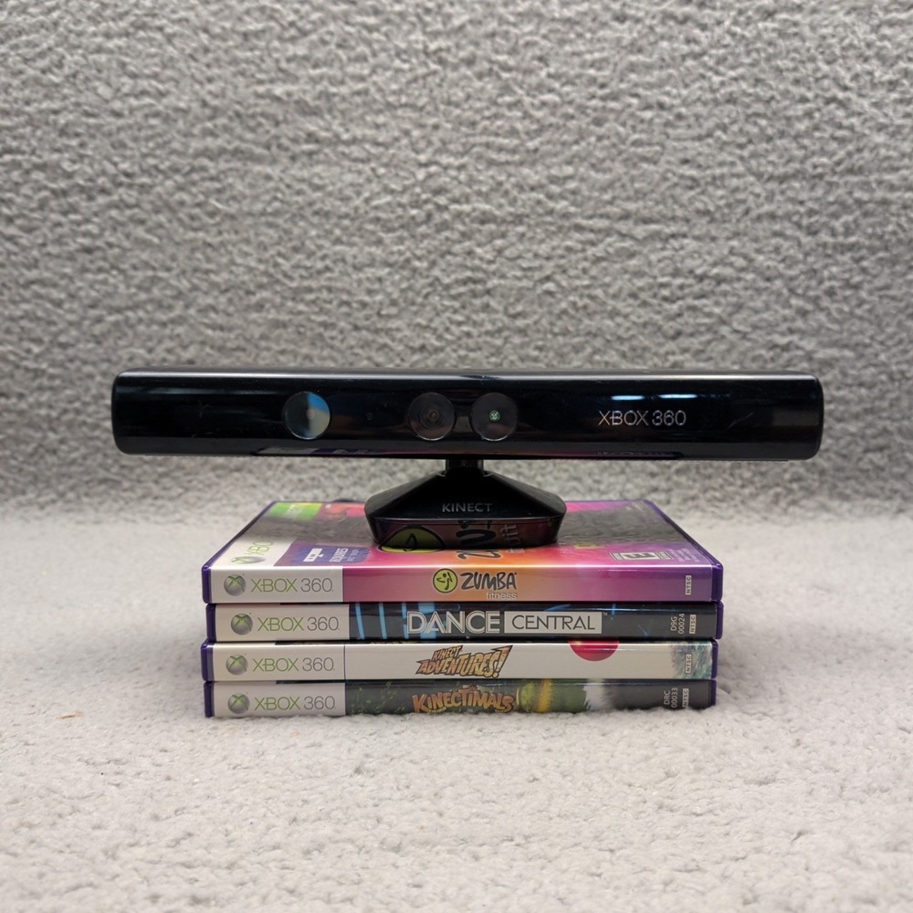 Xbox 360 Kinect & 4 Games Bundle Lot Microsoft Motion Sensor Bar Camera 1414